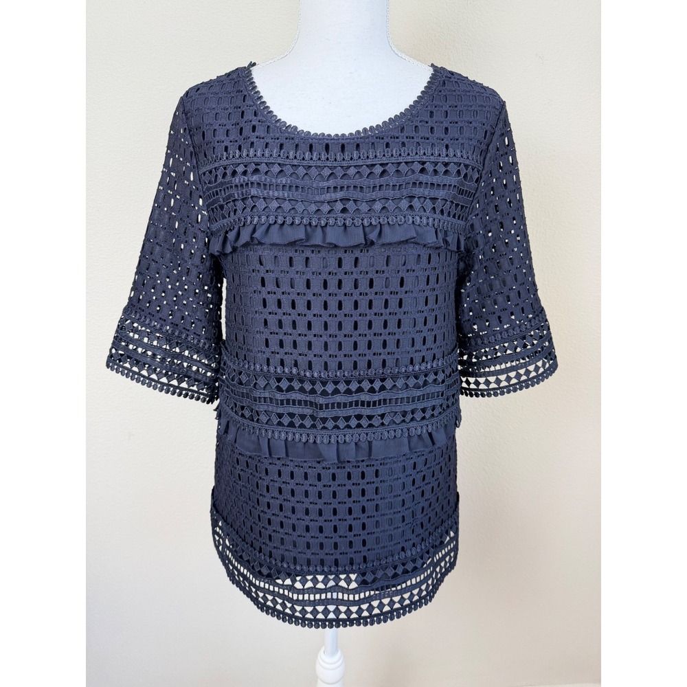 Banana Republic Womens Crochet Lace Blouse M Navy Blue Ruffle Tiered Sheer Top